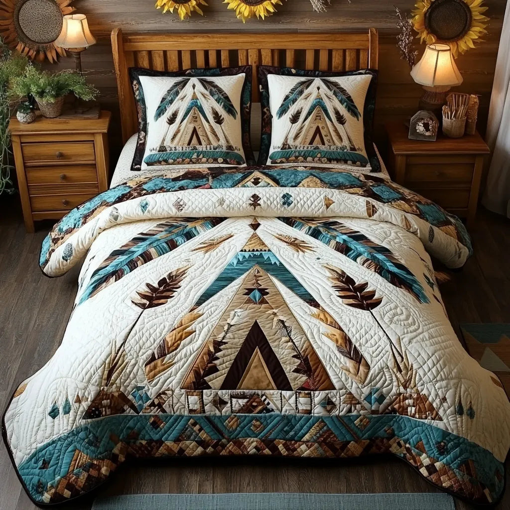 Boho Teepee Quilted Bedding Set, Southwestern Tribal Feather Blanket, Quilt with Pillow Covers, Bedroom Decor QBEDSET64