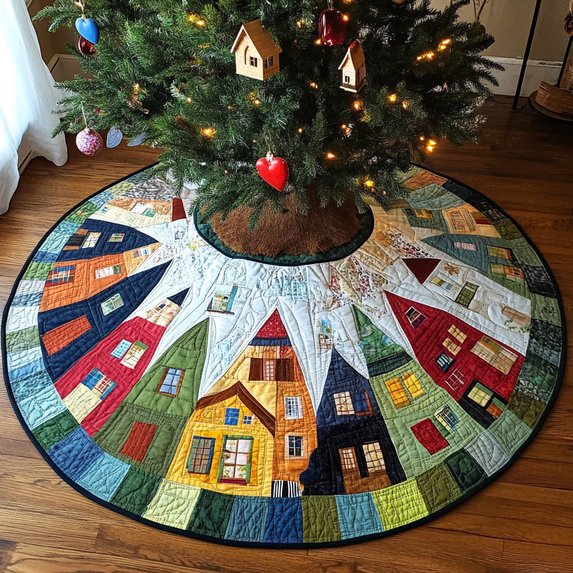 Christmas Houses Quilted Tree Skirt, Patchwork Xmas Tree Skirt, Holiday Decor, Xmas Tree Base Cover, Custom Tree Skirt XMASTS31