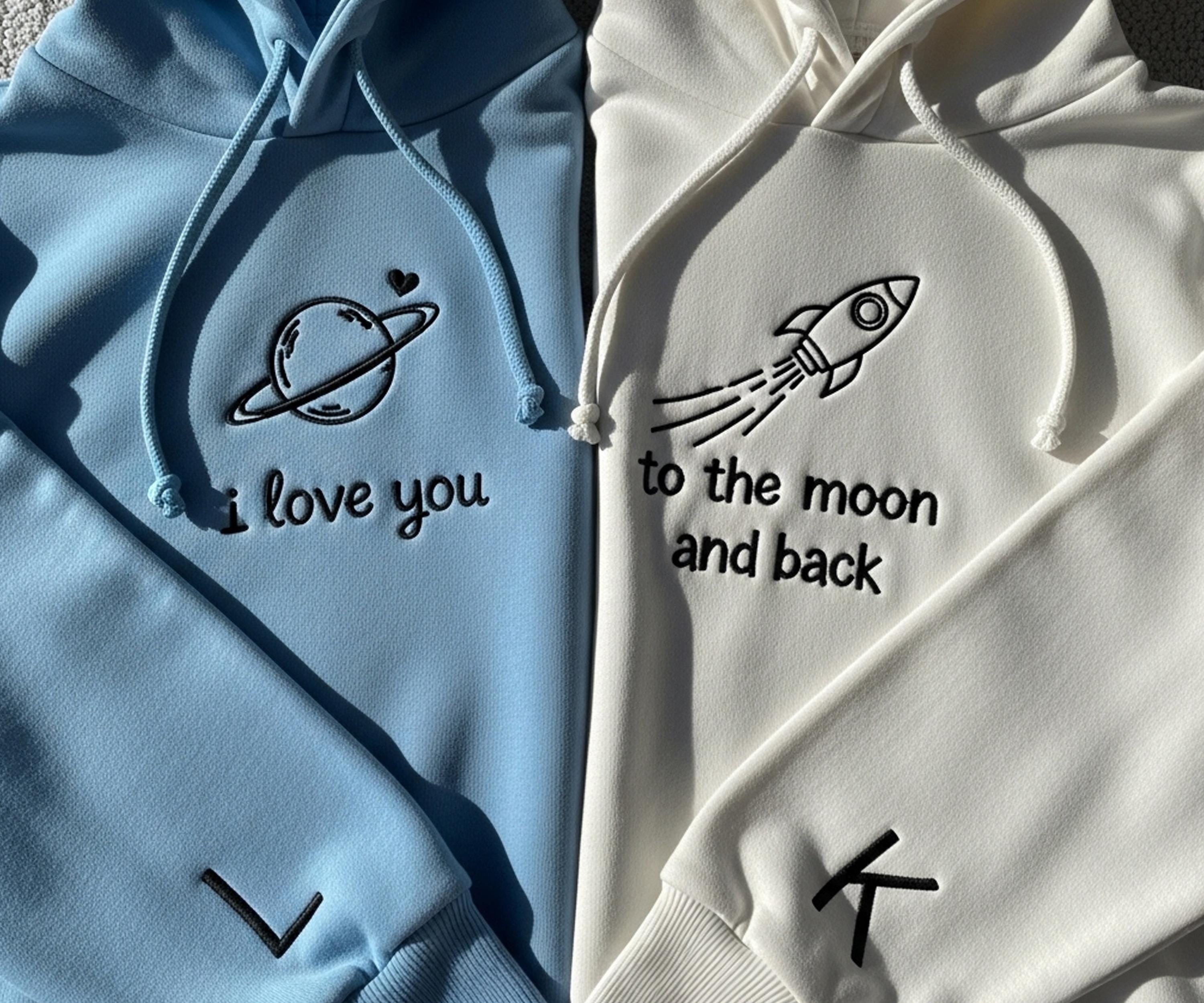 I Love You to the Moon and Back Hoodie, Matching Couple Hoodie Set, Space Embroidery, Anniversary Gift for Him and Her