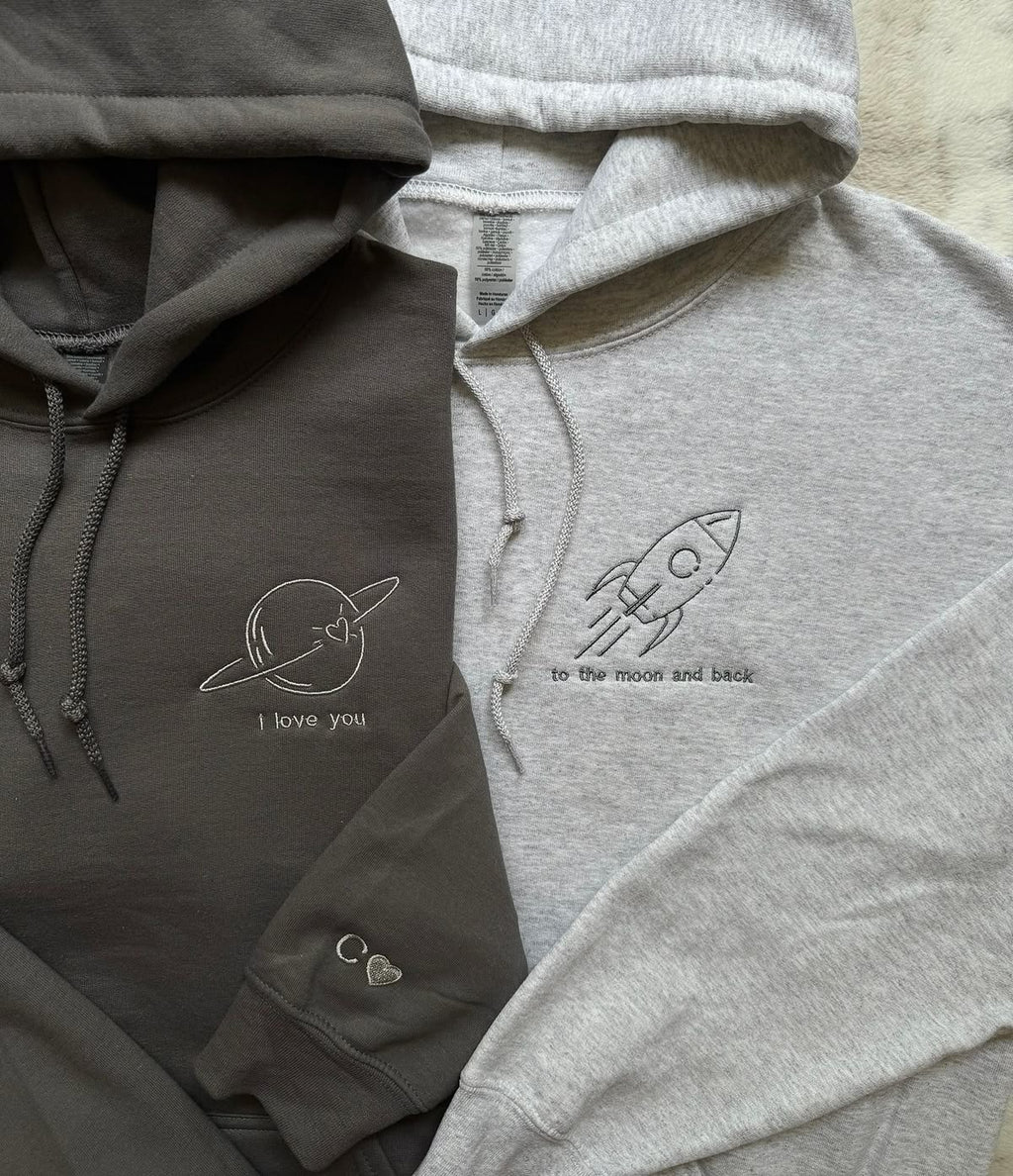 I Love You to the Moon and Back Hoodie, Matching Couple Hoodie Set, Space Embroidery, Anniversary Gift for Him and Her