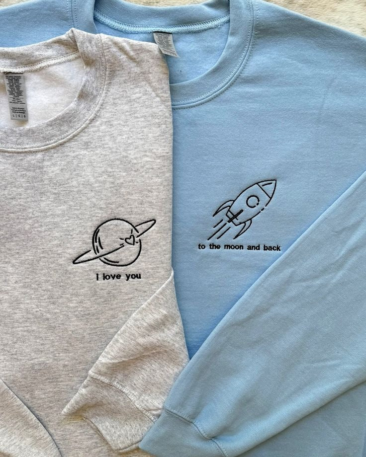 I Love You to the Moon and Back Hoodie, Matching Couple Hoodie Set, Space Embroidery, Anniversary Gift for Him and Her
