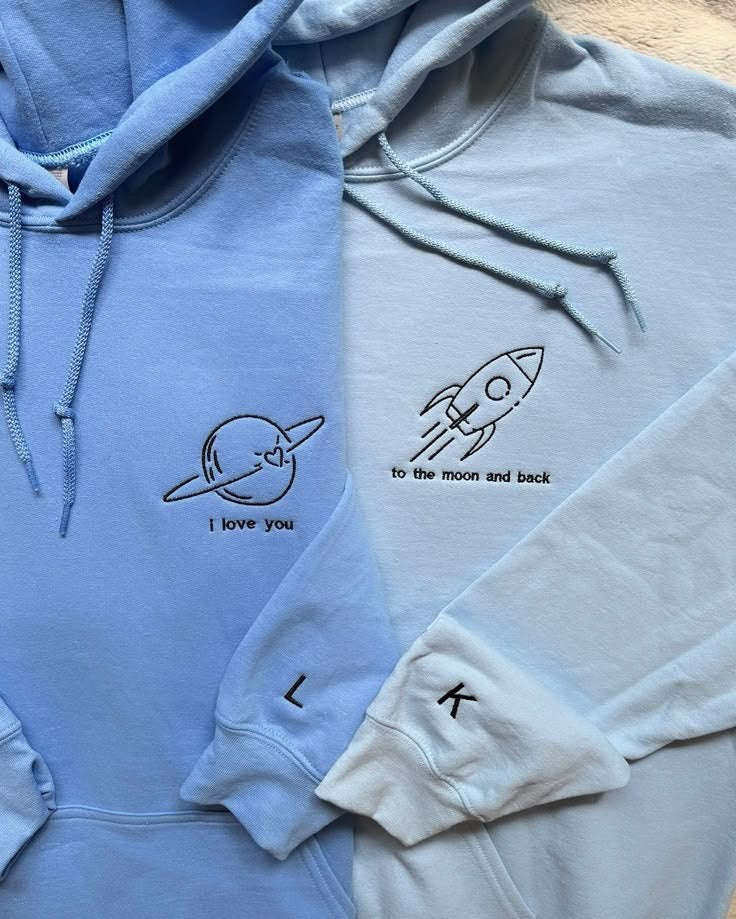 I Love You to the Moon and Back Hoodie, Matching Couple Hoodie Set, Space Embroidery, Anniversary Gift for Him and Her