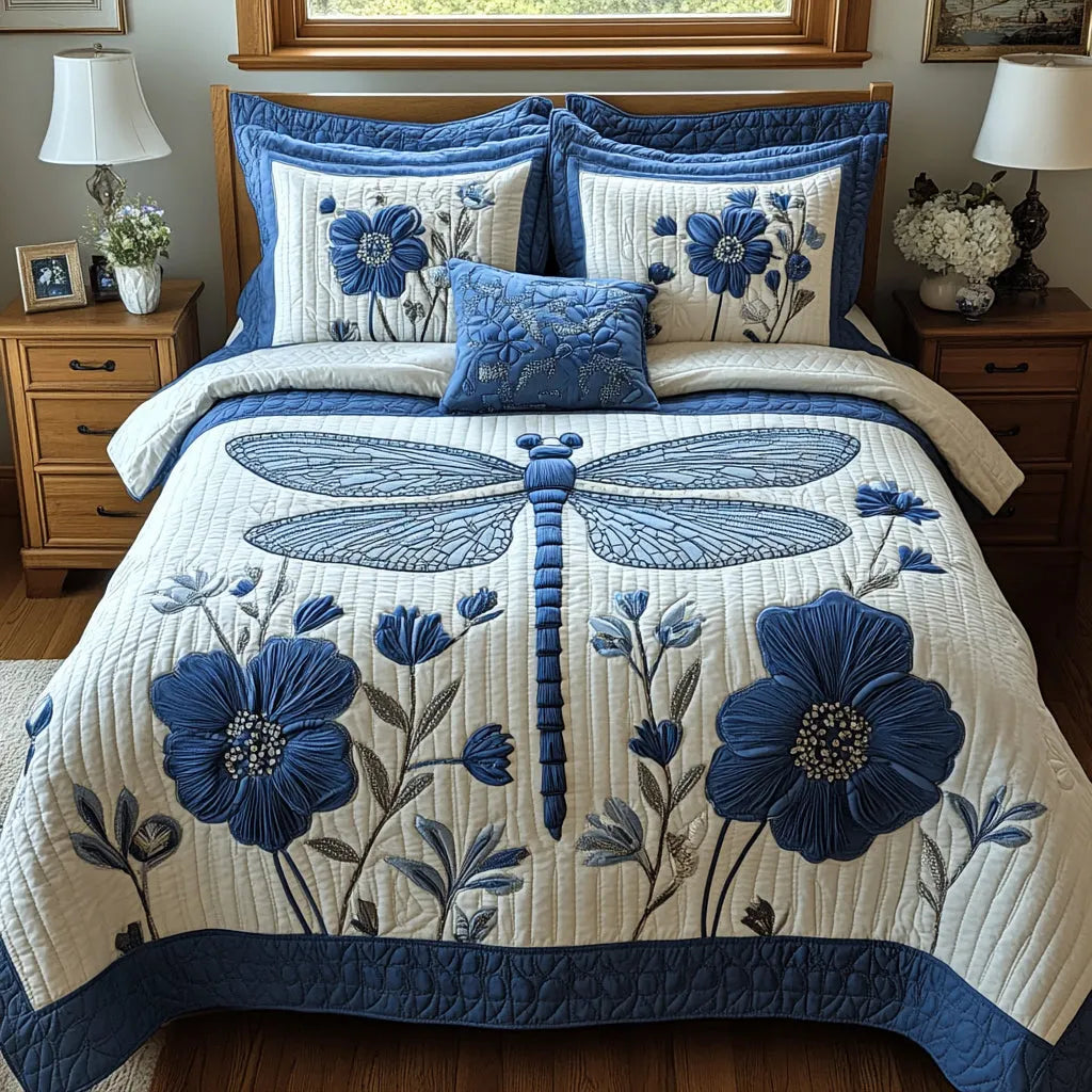 Blue Dragonfly Floral Quilted Bedding Set, Botanical Flower Feather Blanket, Quilt with Pillow Covers, Bedroom Decor QBEDSET65
