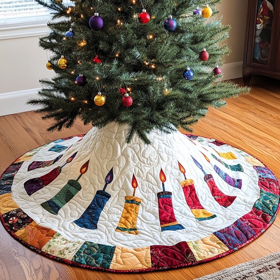 Candle Christmas Quilted Tree Skirt, Patchwork Xmas Tree Skirt, Holiday Decor, Xmas Tree Base Cover, Custom Tree Skirt XMASTS35