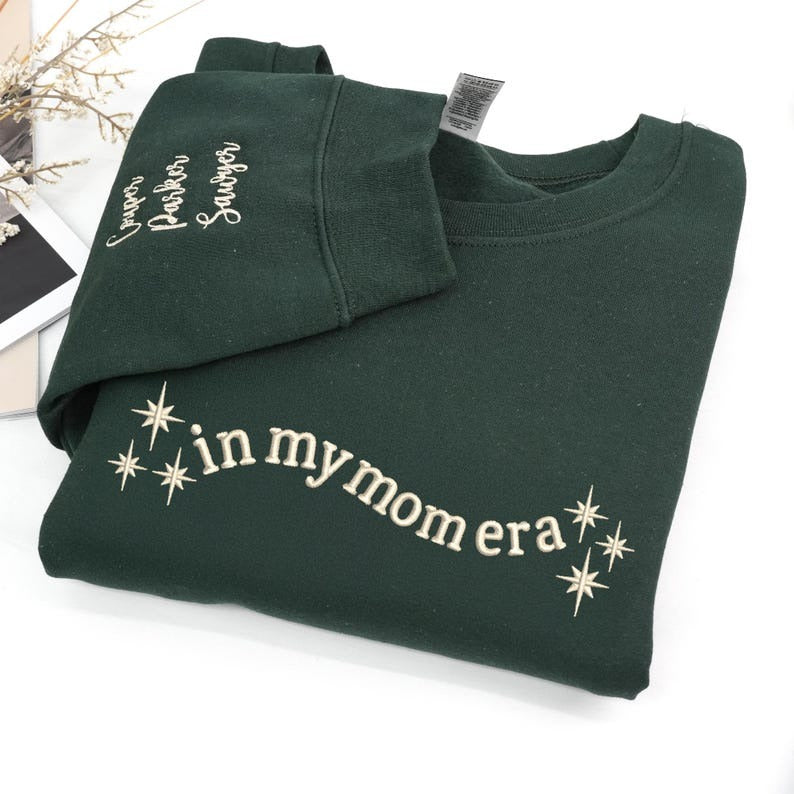 Embroidered In My Mom Era Sweatshirt, Custom Mama Sweater, Mom Sweatshirt with Kids Names on Sleeve, Birthday, Christmas Gifts for Mama