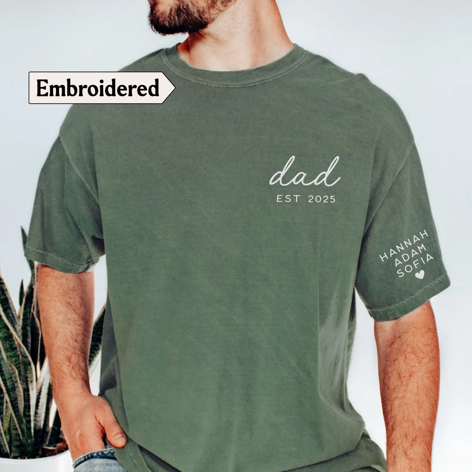 Custom Dad Embroidered T-Shirt With Kids Names on Sleeve, Personalized Father’s Day Gift