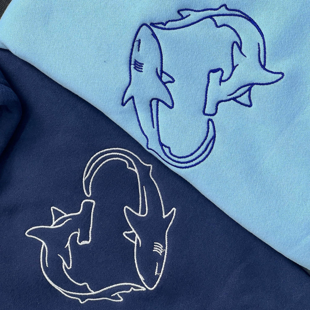 Shark Couple Hoodie, Matching Embroidered Hoodie Set, Roman Numerals Date Hoodie, Personalized Initials, Anniversary Gift for Lovers