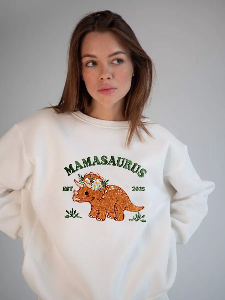 Embroidered Mama Saurus Dinosaur Sweatshirt, Custom Mom EST, Funny Mama Shirt, Personalized Mom Gift, Dinosaur Mom, Birthday Gift for New Mom