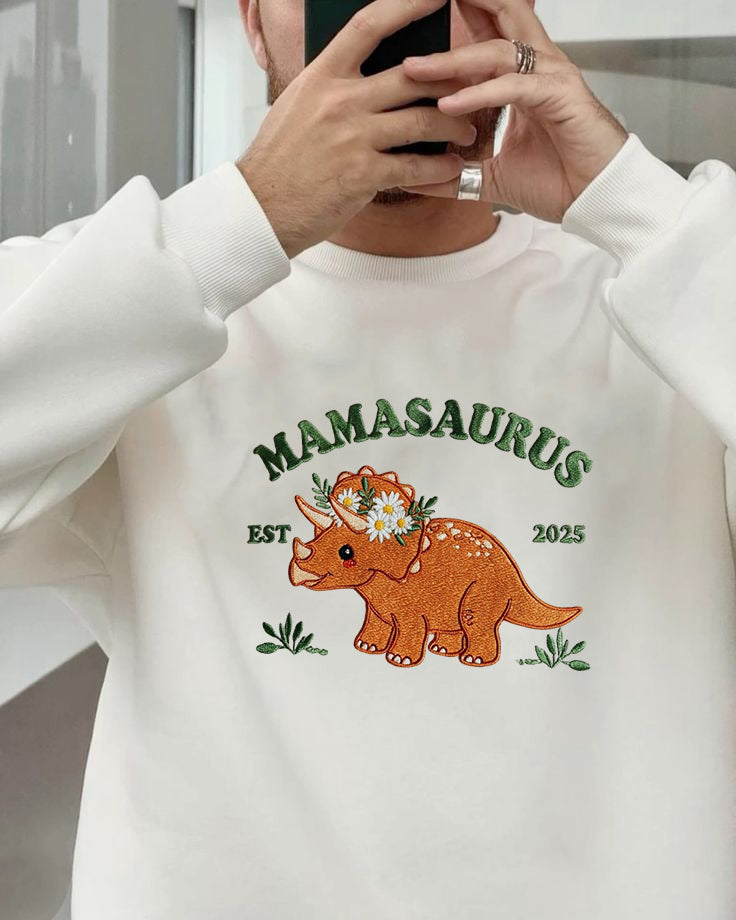 Embroidered Mama Saurus Dinosaur Sweatshirt, Custom Mom EST, Funny Mama Shirt, Personalized Mom Gift, Dinosaur Mom, Birthday Gift for New Mom
