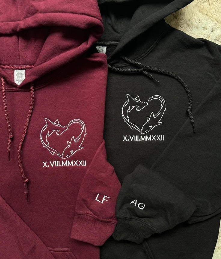 Shark Couple Hoodie, Matching Embroidered Hoodie Set, Roman Numerals Date Hoodie, Personalized Initials, Anniversary Gift for Lovers