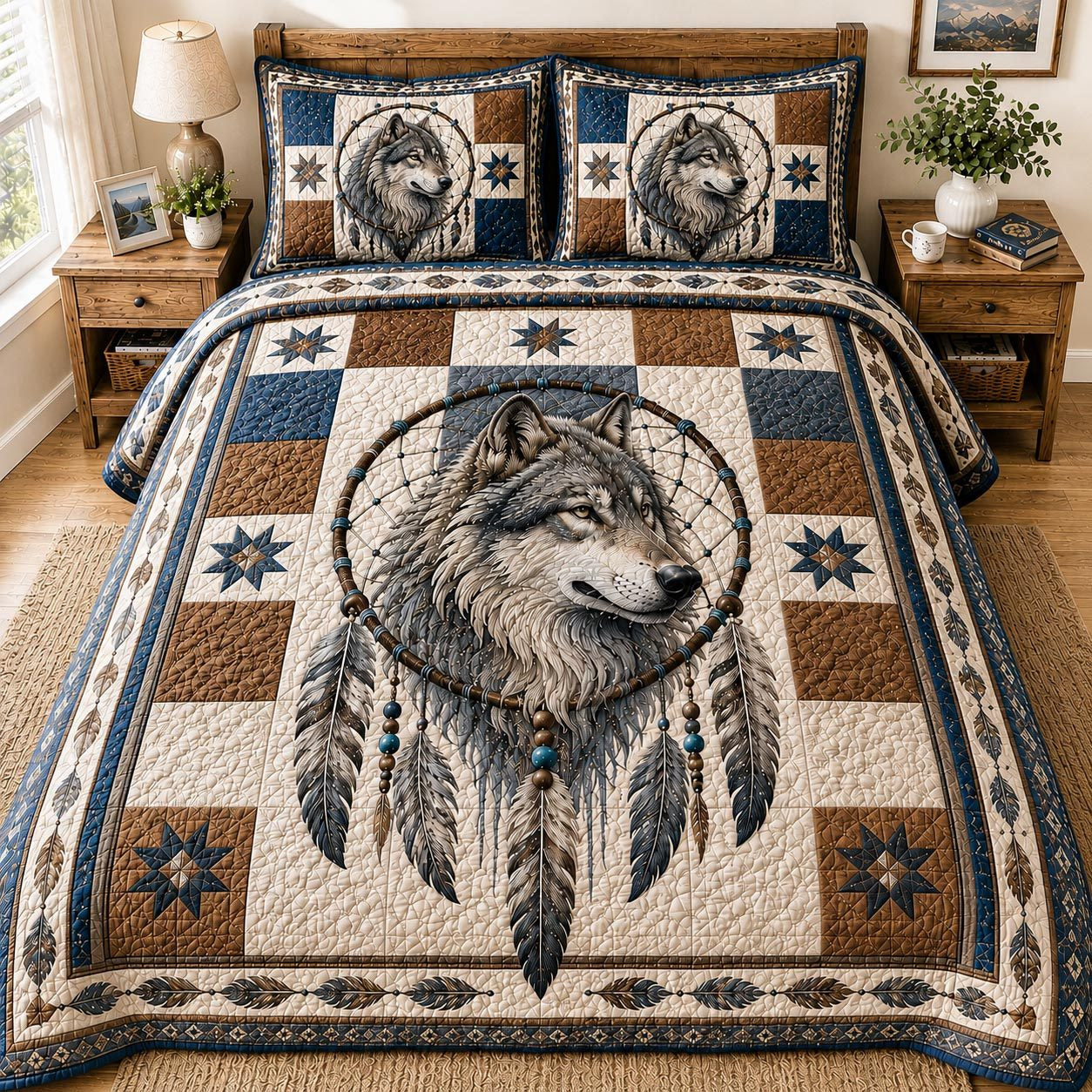 Wolf Dreamcatcher Quilted Bedding Set, Rustic Southwestern Blanket, Quilt with Pillow Covers, Bedroom Decor QBEDSET67