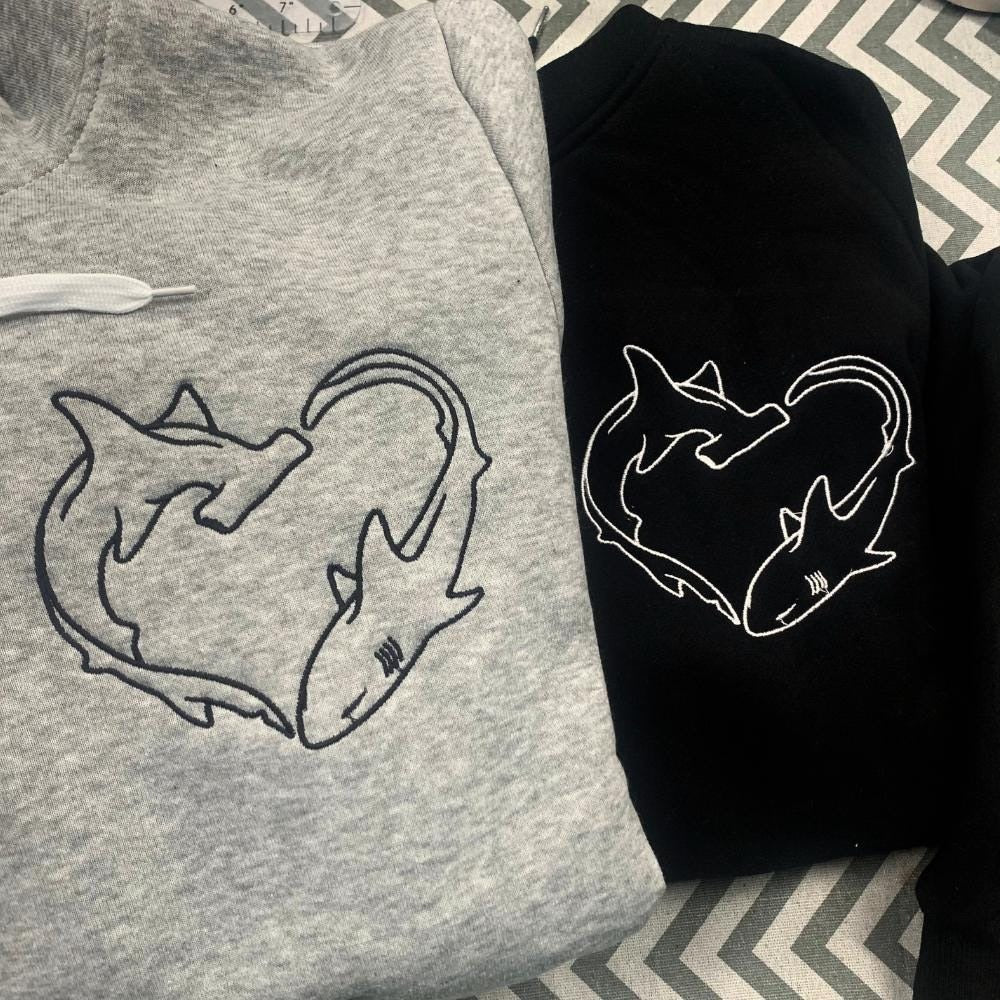 Shark Couple Hoodie, Matching Embroidered Hoodie Set, Roman Numerals Date Hoodie, Personalized Initials, Anniversary Gift for Lovers