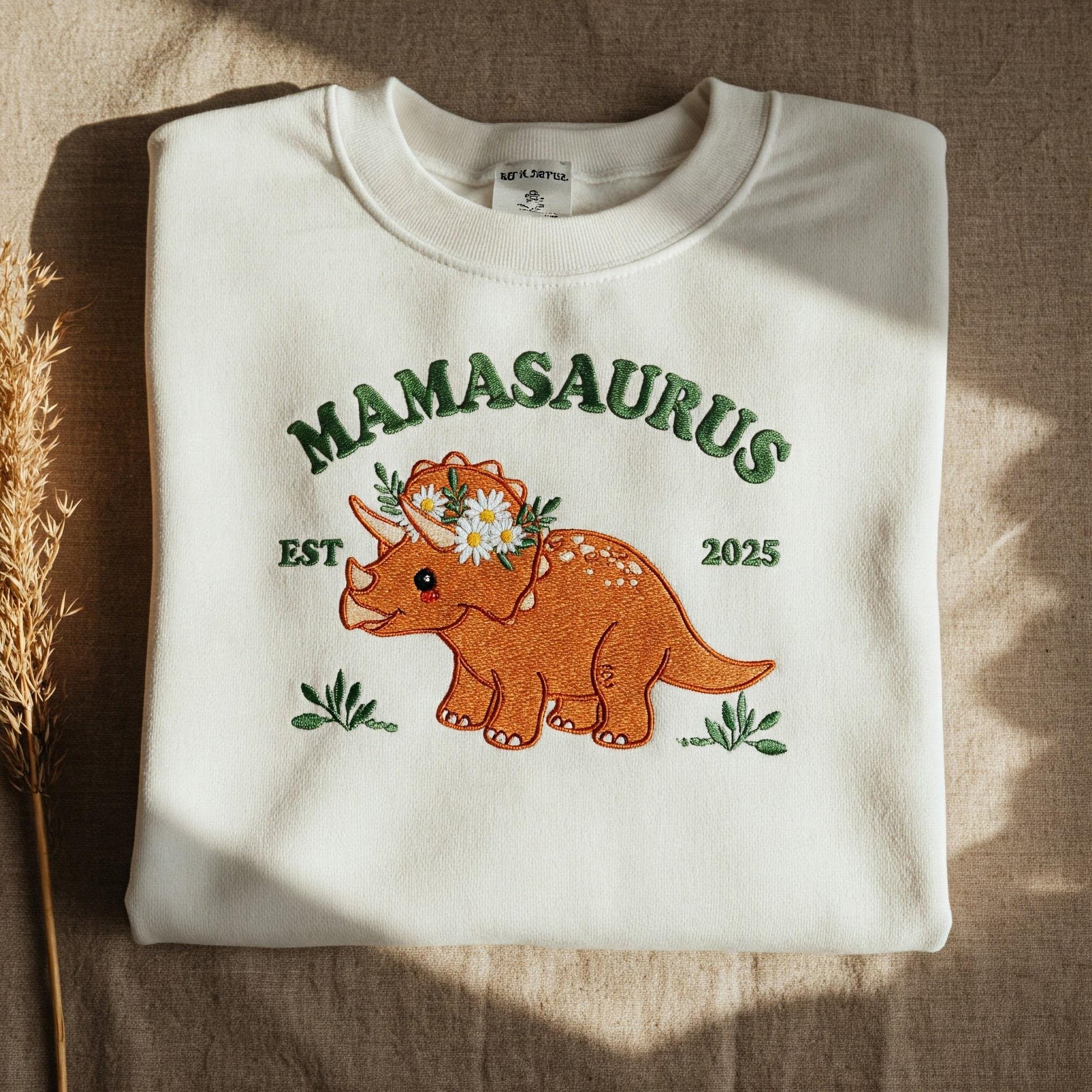 Embroidered Mama Saurus Dinosaur Sweatshirt, Custom Mom EST, Funny Mama Shirt, Personalized Mom Gift, Dinosaur Mom, Birthday Gift for New Mom
