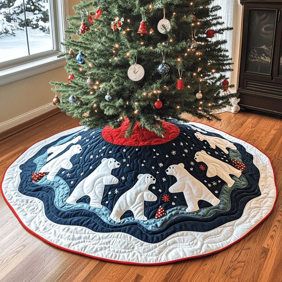 Polar Bear Quilted Tree Skirt, Patchwork Xmas Tree Skirt, Holiday Decor, Xmas Tree Base Cover, Custom Tree Skirt XMASTS36