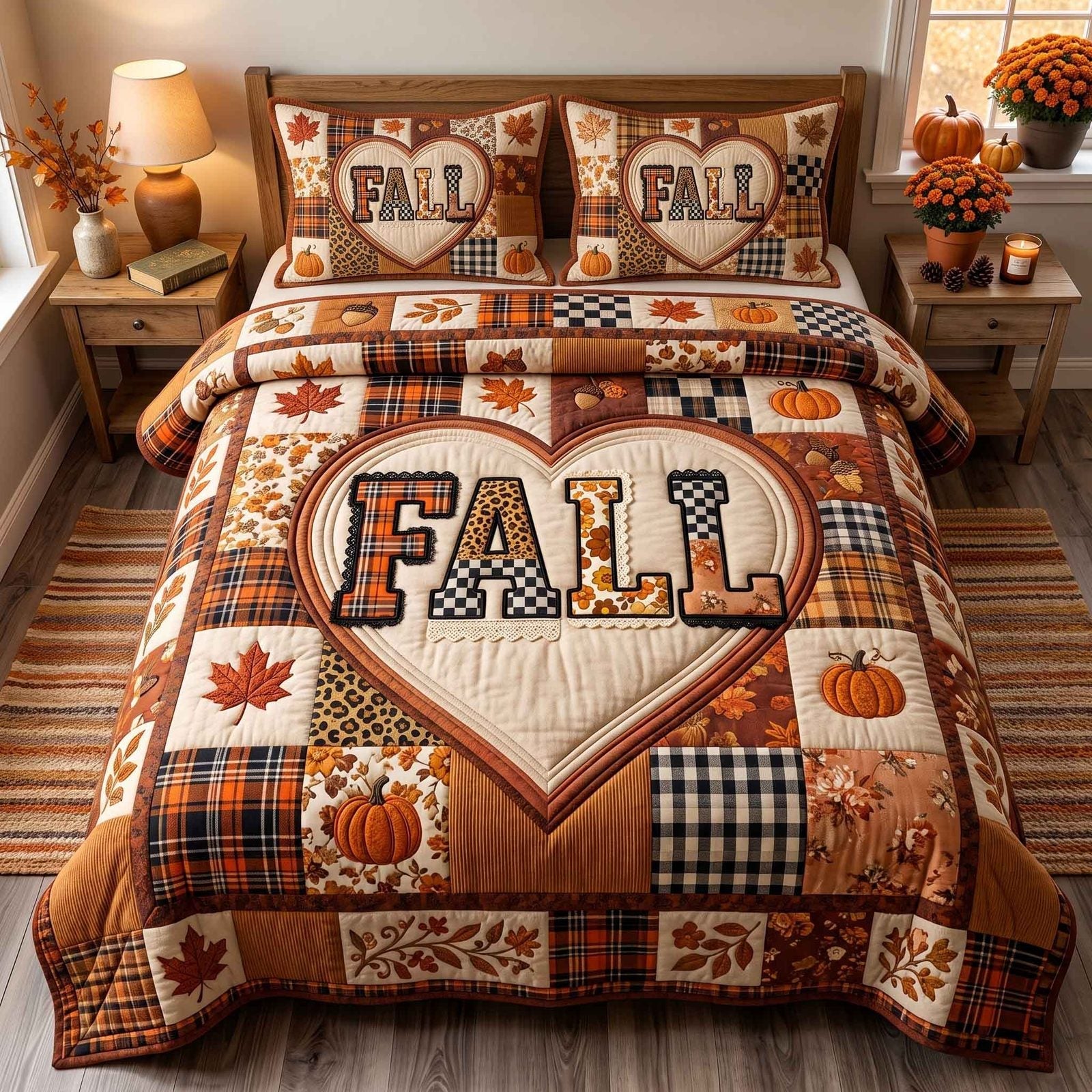 Halloween Fall Quilted Bedding Set, Pumpkin Blanket, Quilt with Pillow Covers, Bedroom Decor QBEDSET68