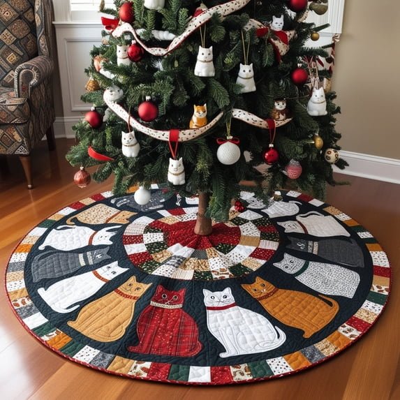 Cat Pattern  Quilted Tree Skirt, Patchwork Xmas Tree Skirt, Holiday Decor, Xmas Tree Base Cover, Custom Tree Skirt XMASTS37