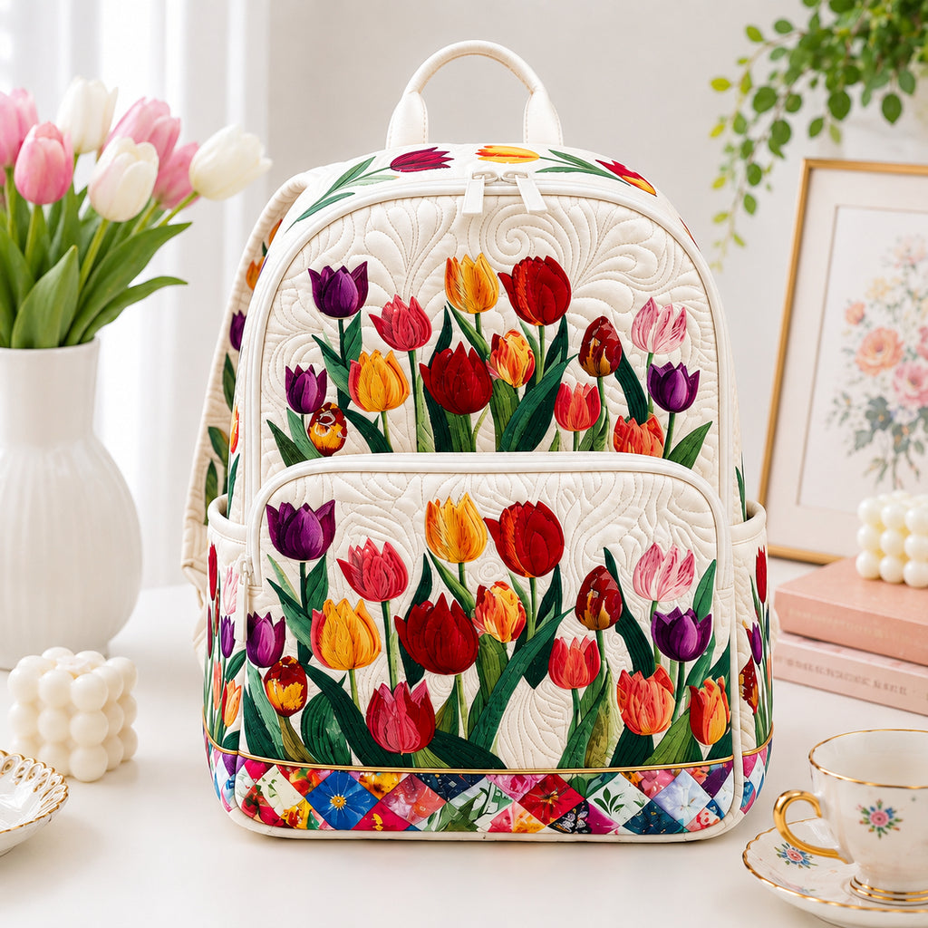Tulip Flower Quilted Backpack, Flower Backpack, Mini Travel Bag, School Bag, Back To School Backpack QBP23