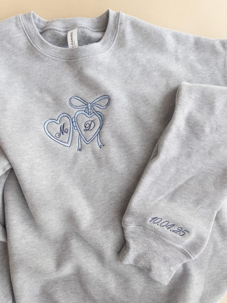 Custom Embroidered Initial Sweatshirt with Date on Sleeve, Custom Anniversary Gift for Her, Bridal Shower Gift, Personalized Engagement Gift