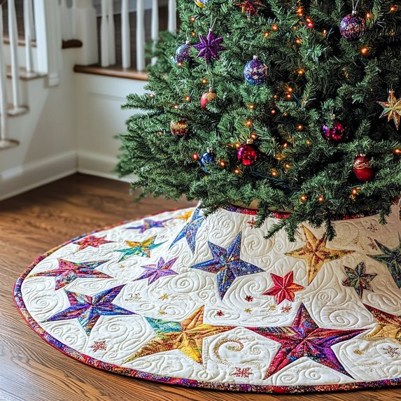 Star Pattern Quilted Tree Skirt, Patchwork Xmas Tree Skirt, Holiday Decor, Xmas Tree Base Cover, Custom Tree Skirt XMASTS38