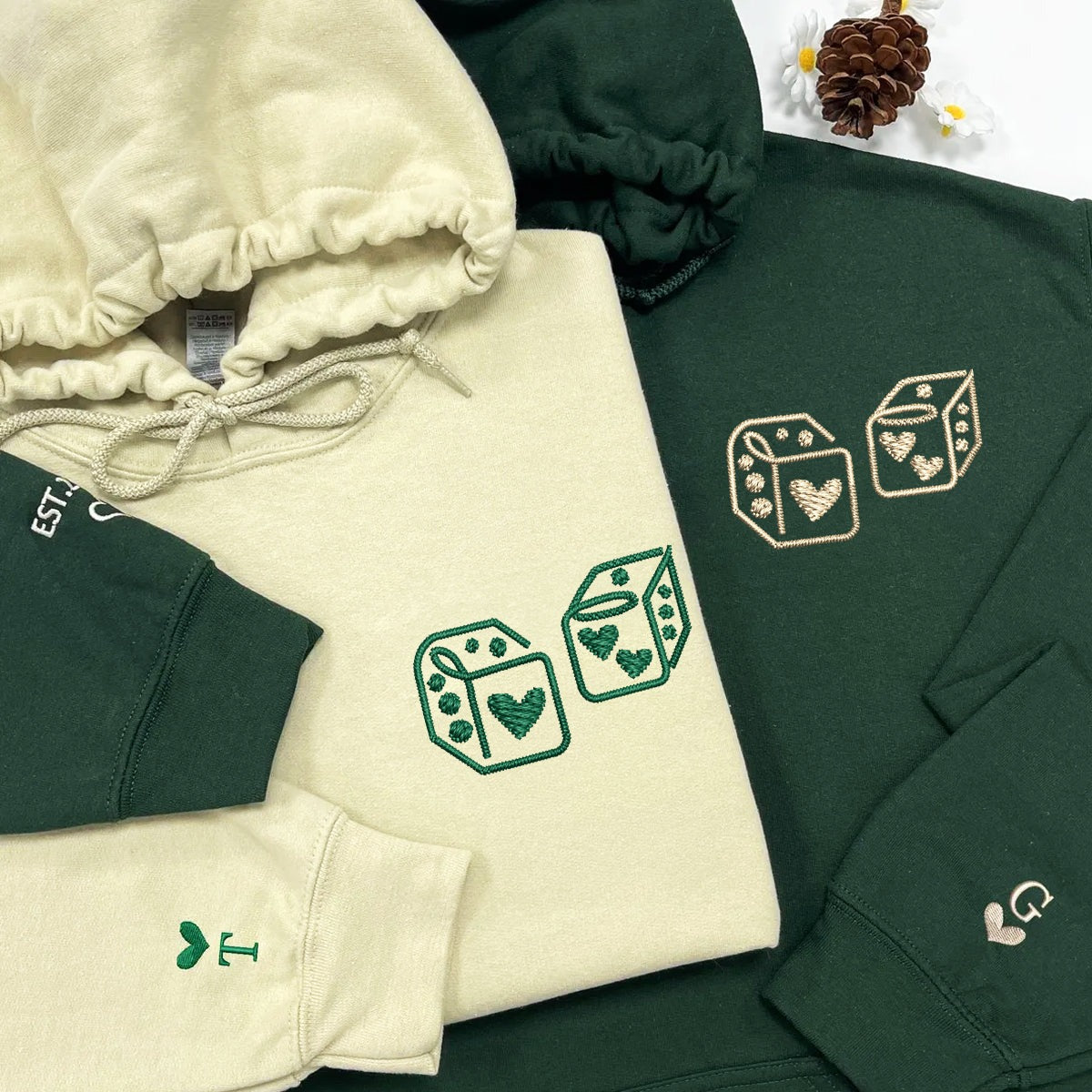 Matching Couple Hoodie, Dice Embroidered Hoodie Set, Personalized Initial Sweatshirt, Cute Anniversary Gift for Him and Her