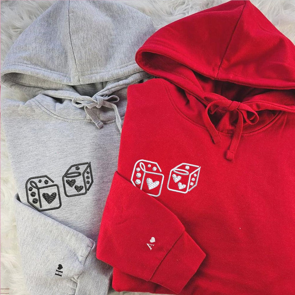 Matching Couple Hoodie, Dice Embroidered Hoodie Set, Personalized Initial Sweatshirt, Cute Anniversary Gift for Him and Her