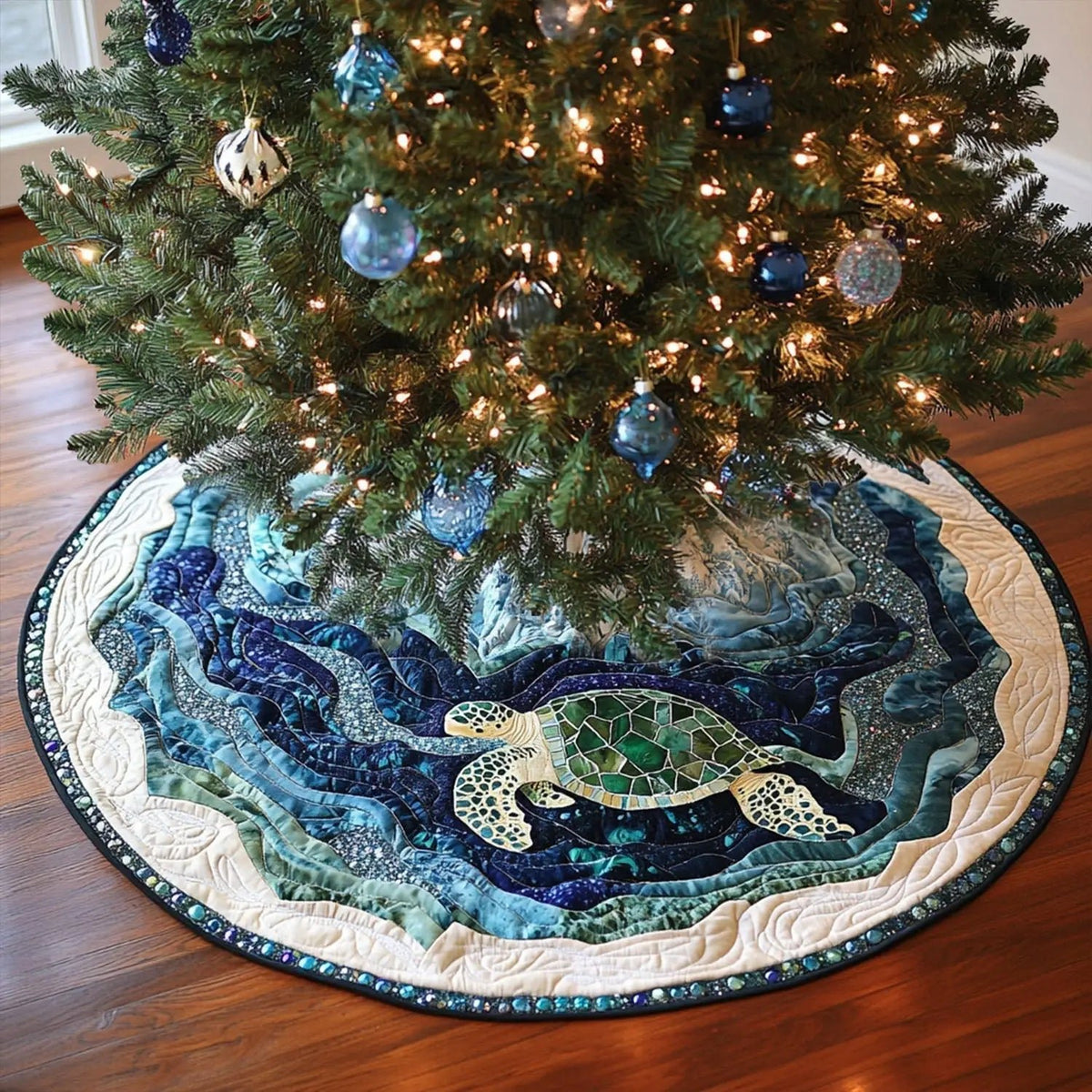 Sea Turtle Quilted Tree Skirt, Patchwork Xmas Tree Skirt, Holiday Decor, Xmas Tree Base Cover, Custom Tree Skirt XMASTS39