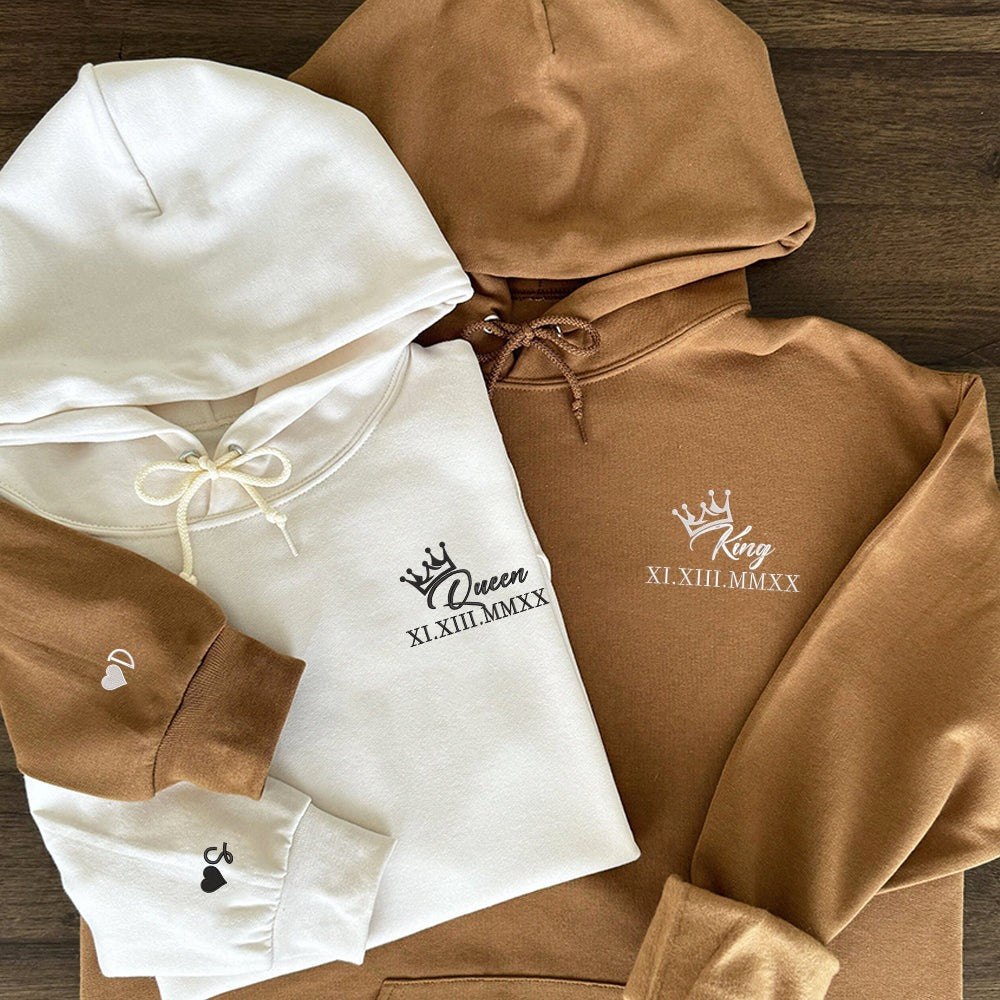 King and Queen Hoodie Set, Matching Couple Hoodie, Roman Numerals Embroidery, Personalized Initials, Wedding or Valentine Gift