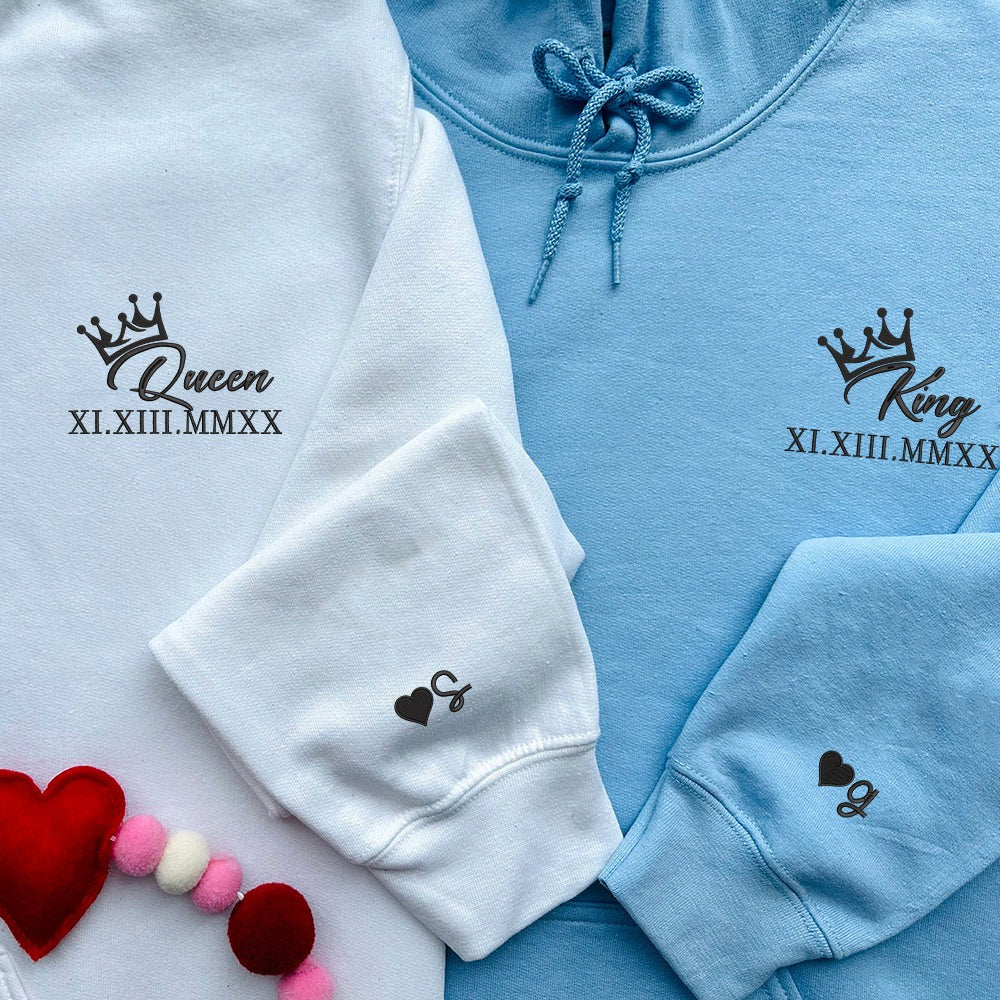 King and Queen Hoodie Set, Matching Couple Hoodie, Roman Numerals Embroidery, Personalized Initials, Wedding or Valentine Gift