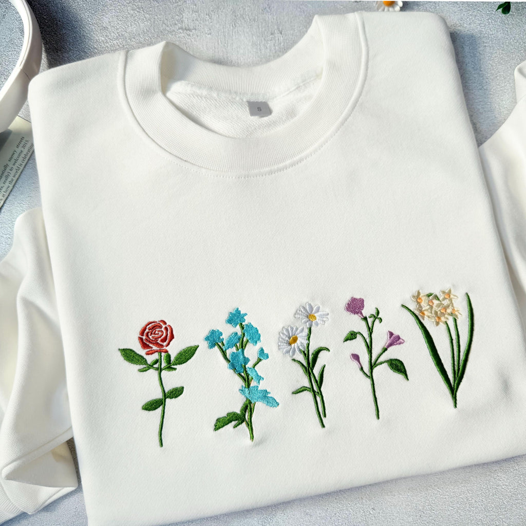 Custom Embroidered Birth Month Birth Flower Sweatshirt, Embroidered Birth Flower Crewneck, Birth Month Flower Hoodie, Custom Gift for Mama Mom