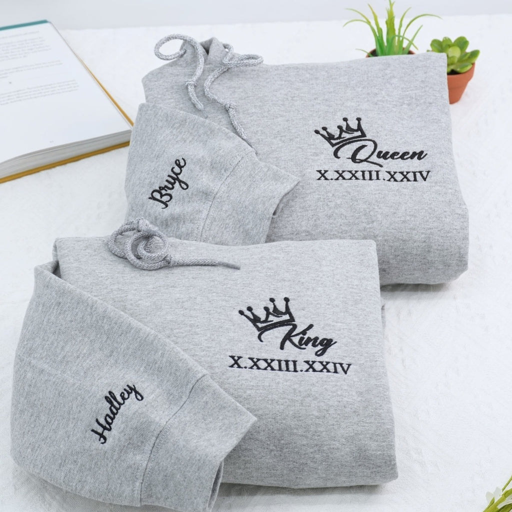 King and Queen Hoodie Set, Matching Couple Hoodie, Roman Numerals Embroidery, Personalized Initials, Wedding or Valentine Gift