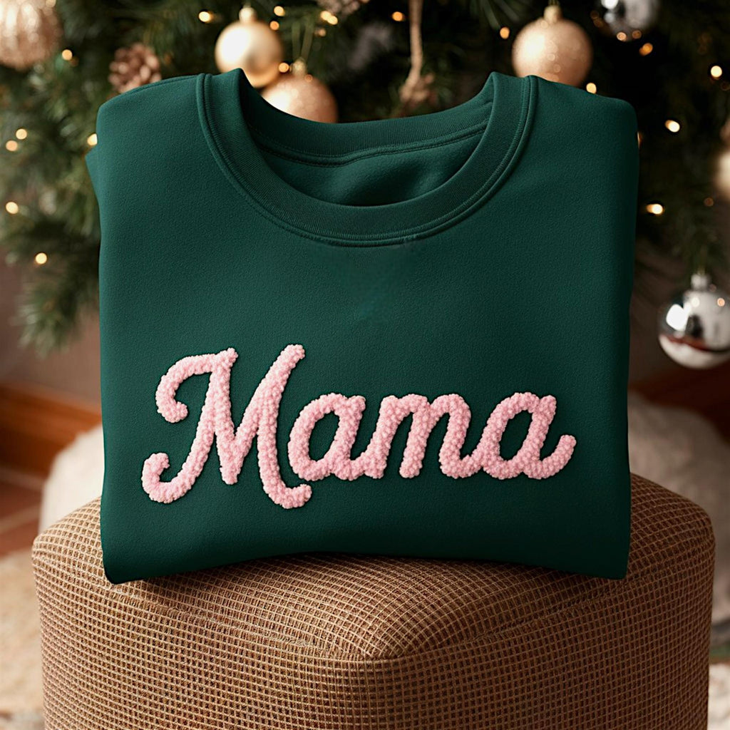 Mama Chenille Yarn Embroidered Sweatshirt, Mom Embroidery Shirt, Gift for Mom, Family Matching, Christmas Gift For Mother