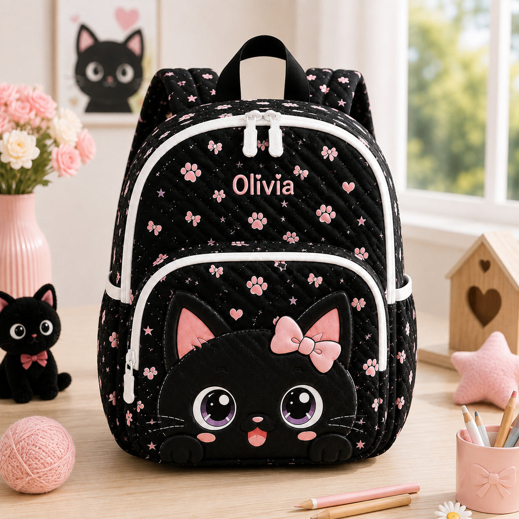Cute Black Cat Quilted Backpack, Black Cat Backpack, Mini Travel Bag, School Bag, Back To School Backpack QBP26