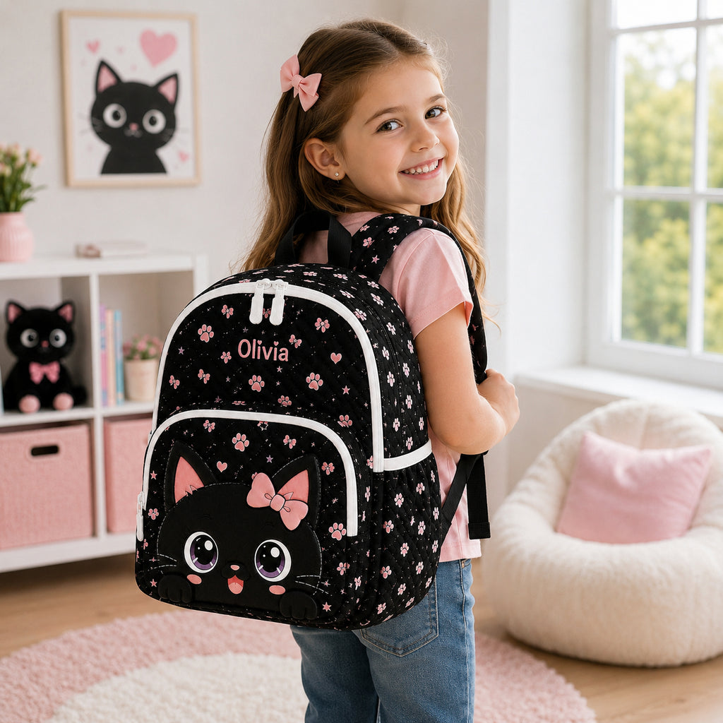 Cute Black Cat Quilted Backpack, Black Cat Backpack, Mini Travel Bag, School Bag, Back To School Backpack QBP26
