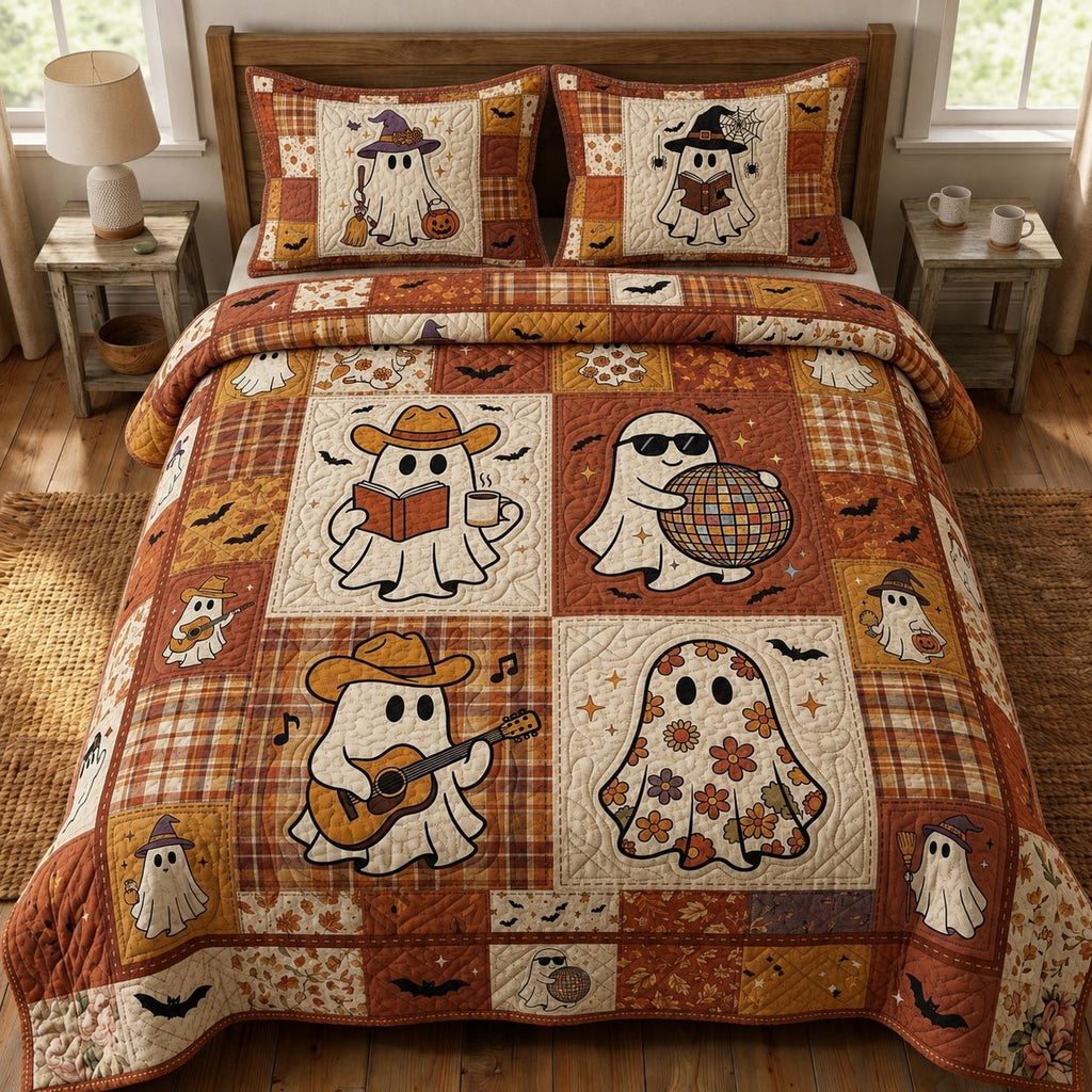 Halloween Fall Quilted Bedding Set, Pumpkin Boo Blanket, Quilt with Pillow Covers, Bedroom Decor QBEDSET69