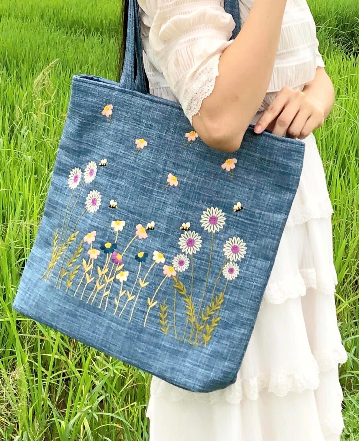 Wildflower Embroidered Tote Bag, Blue Denim Shoulder Bag, Aesthetic Boho Gift, Handmade Purse