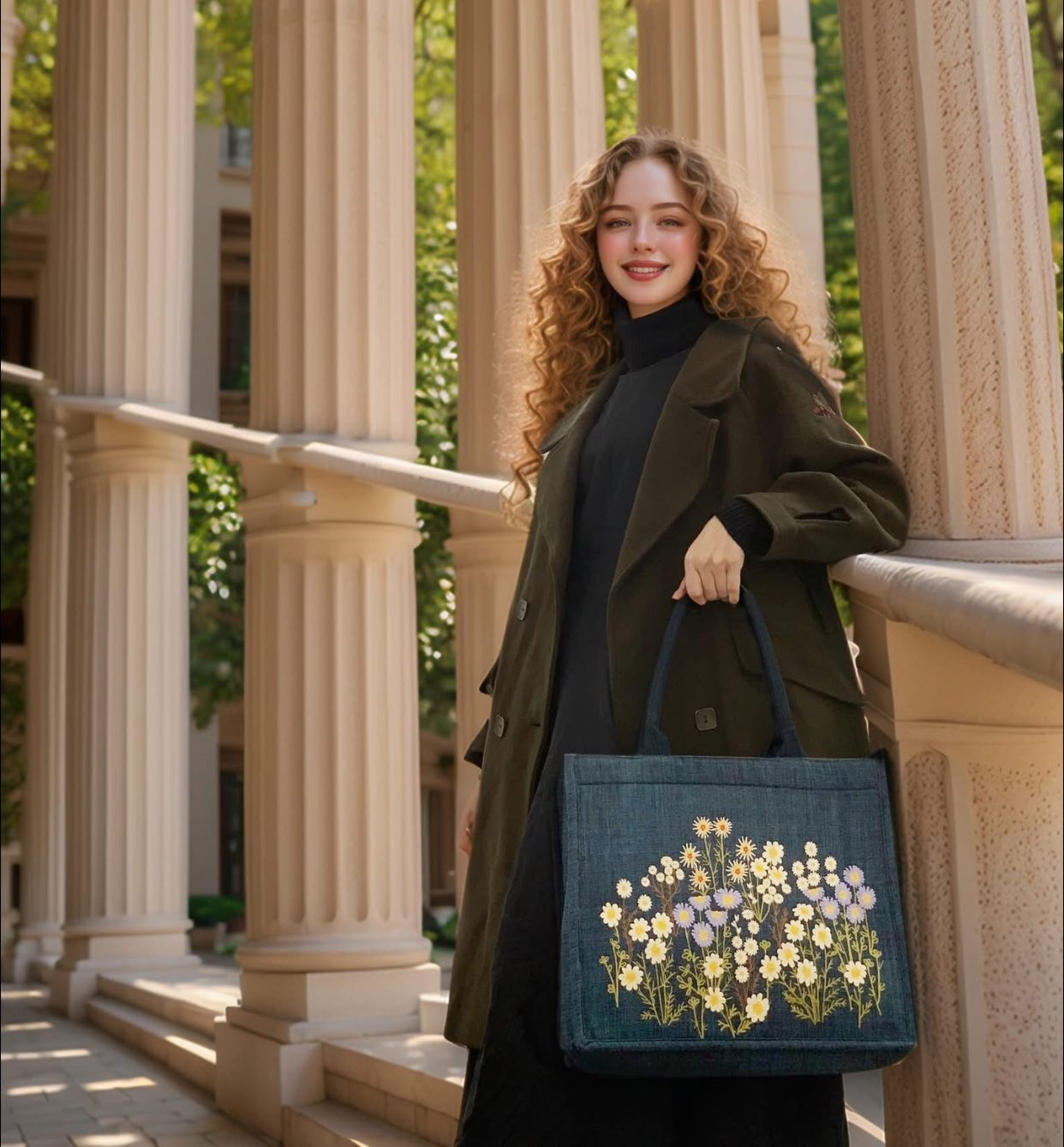 Floral Embroidered Tote Bag, Denim Shoulder Bag with Daisy Flower Design, Handmade Aesthetic Bag, Gift for Her