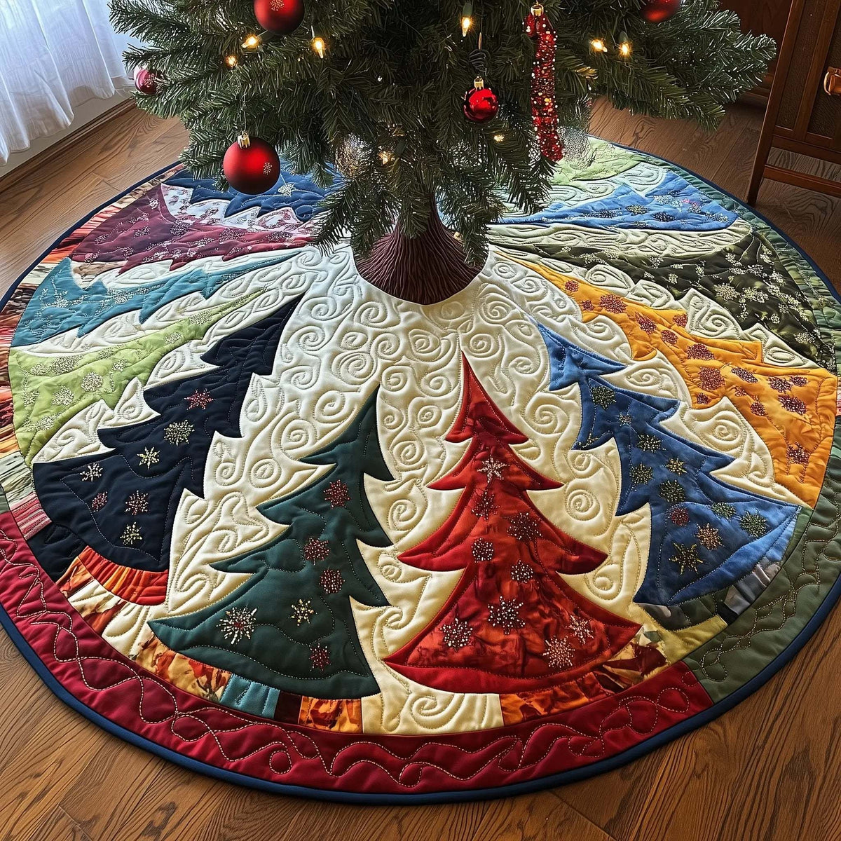 Colorful Christmas Trees Quilted Tree Skirt, Patchwork Xmas Tree Skirt, Holiday Decor, Xmas Tree Base Cover, Custom Tree Skirt XMASTS41