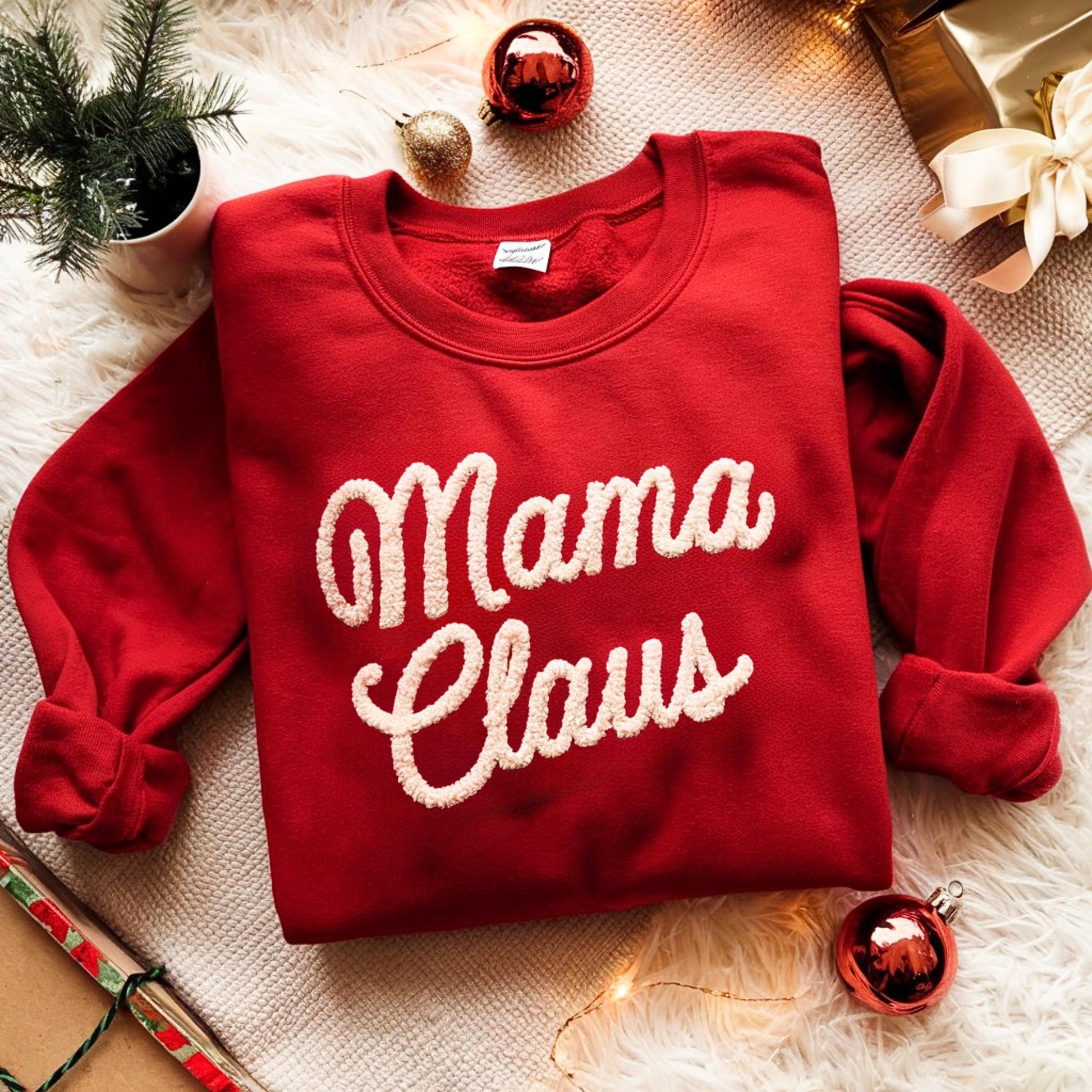 Mama Claus Chenille Yarn Embroidered Sweatshirt, Mom Embroidery Shirt, Gift for Mom, Family Matching, Christmas Gift For Mother