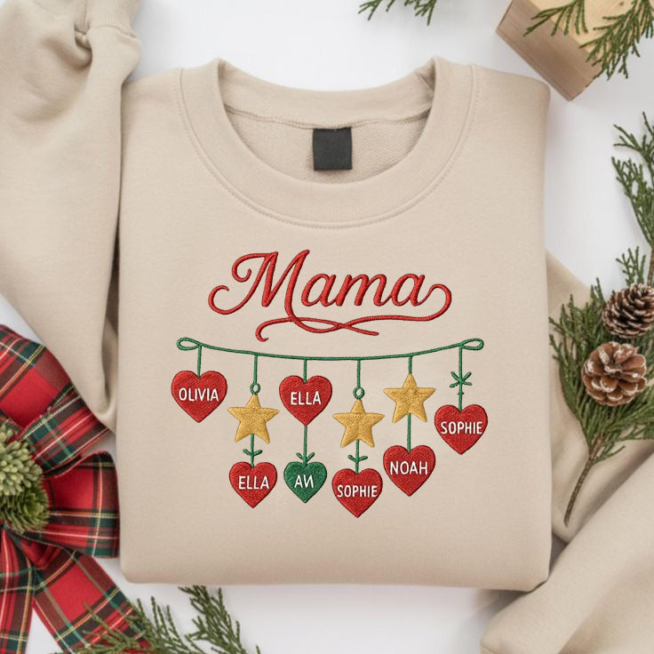 Personalized Mama Sweatshirt, Custom Ornament Name Embroidery, Family Christmas Gift, Holiday Matching Outfit