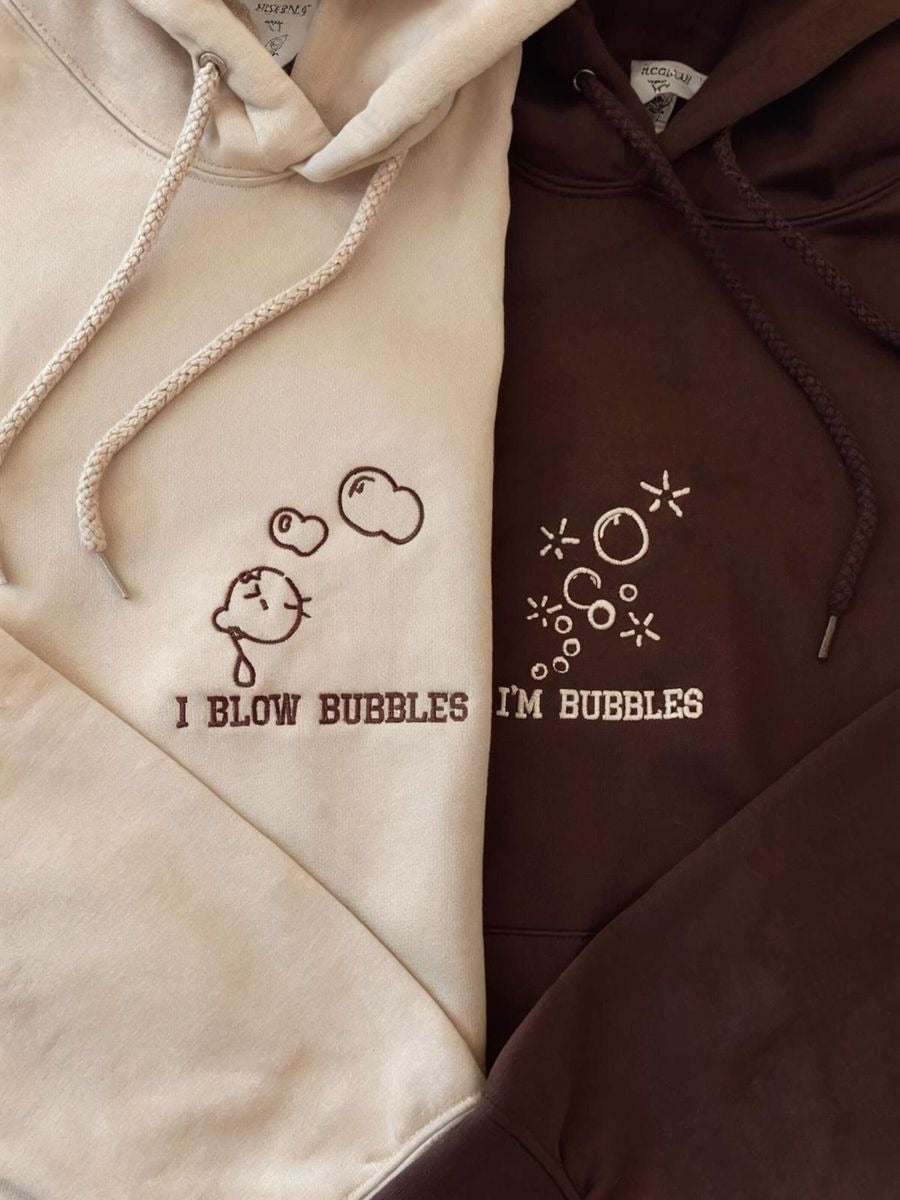 I Blow Bubbles I’m Bubbles Embroidered Couple Sweatshirt, Funny Valentine Matching Pullover, Custom Name Initial Gift for Boyfriend Girlfriend