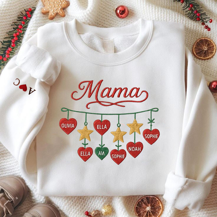 Personalized Mama Sweatshirt, Custom Ornament Name Embroidery, Family Christmas Gift, Holiday Matching Outfit