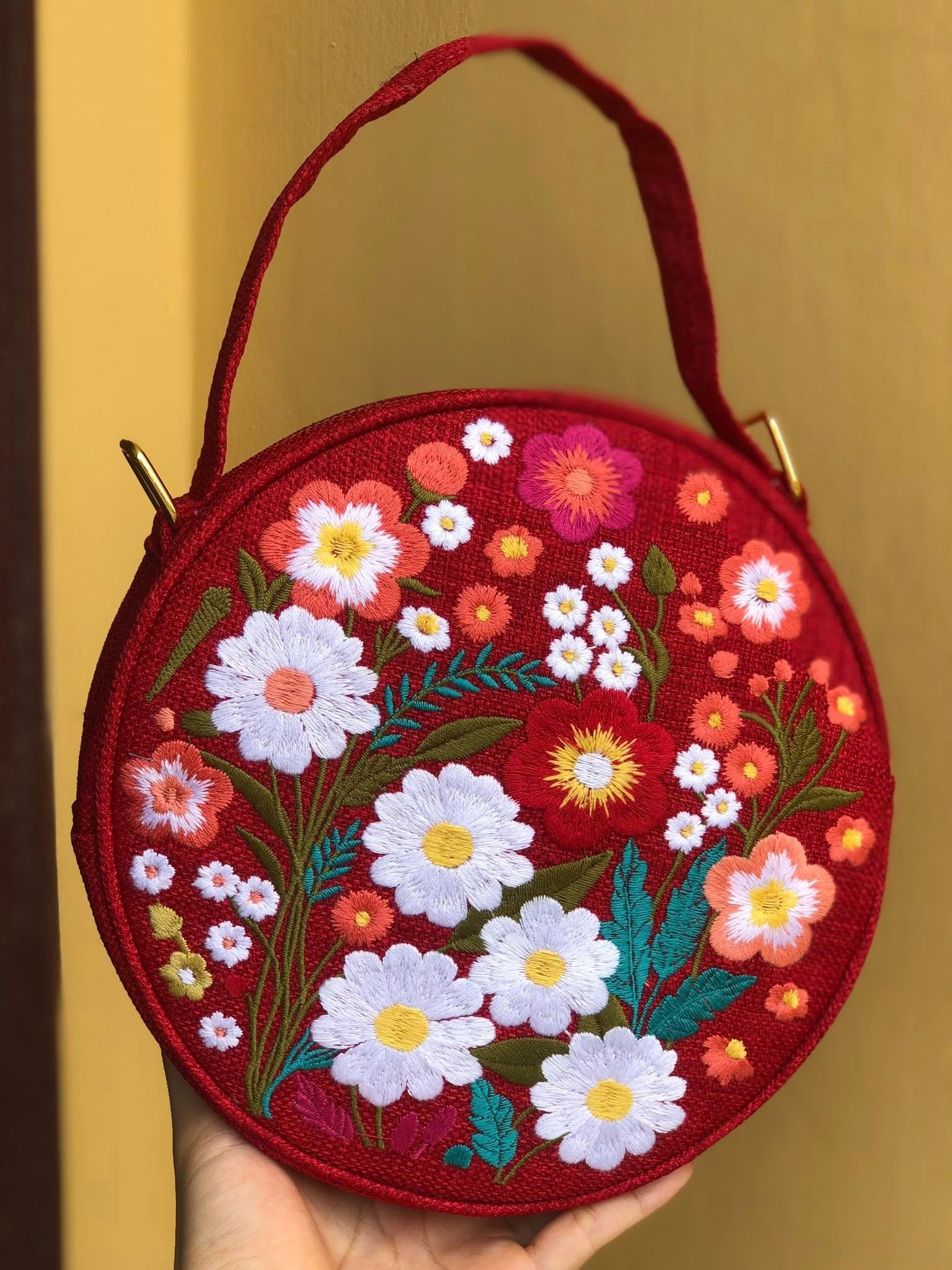 Round Floral Embroidered Bag, Handmade Boho Purse, Vintage Flower Handbag, Cottagecore Shoulder Bag, Gift for Her