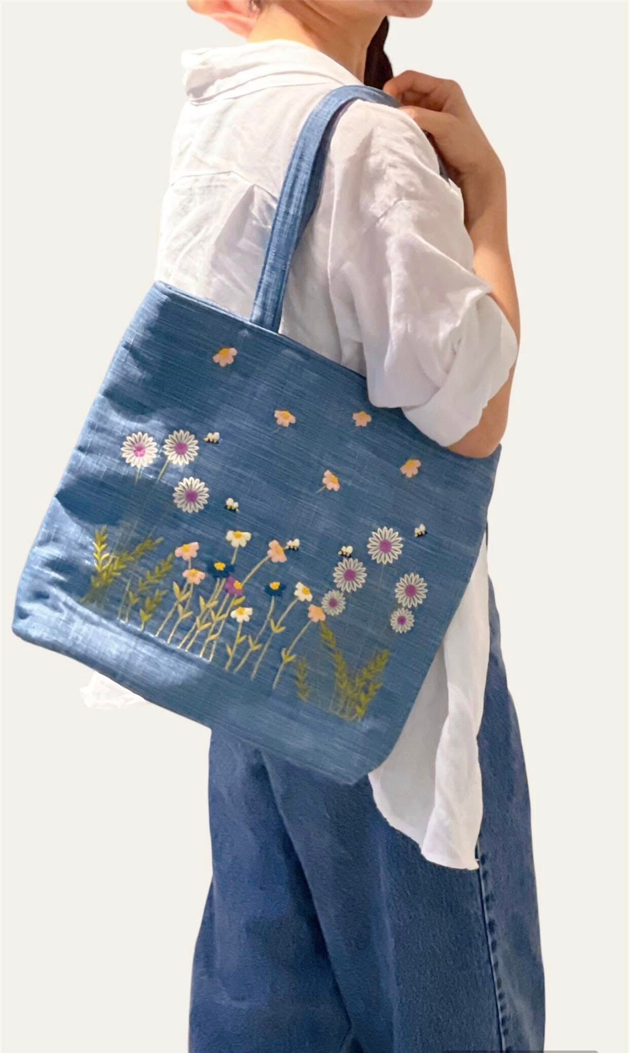 Wildflower Embroidered Tote Bag, Blue Denim Shoulder Bag, Aesthetic Boho Gift, Handmade Purse