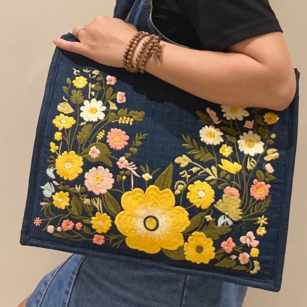 Embroidered Floral Tote Bag, Handmade Denim Shoulder Bag, Boho Flower Bag, Eco Friendly Reusable Bag, Gift for Her