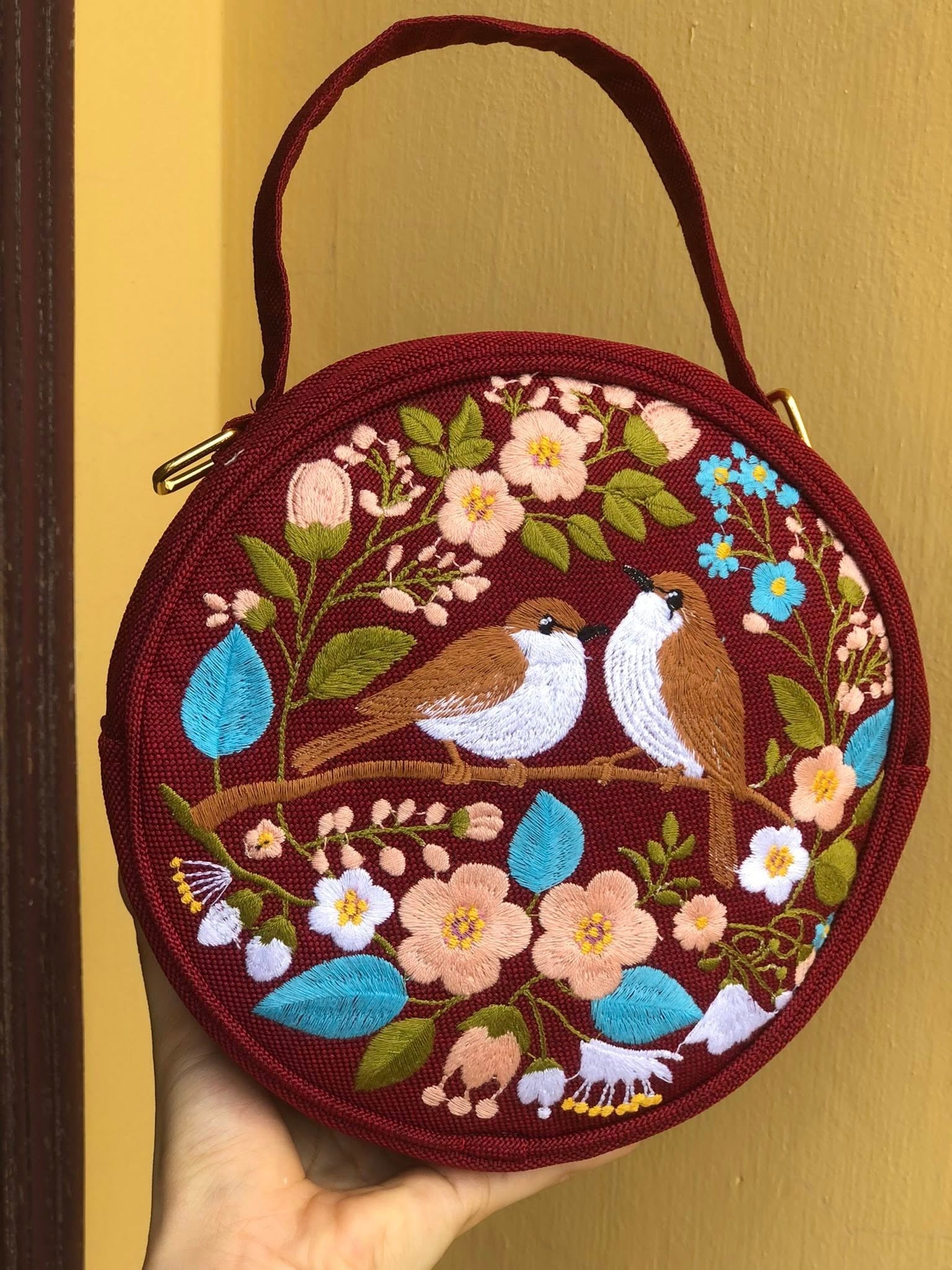 Round Floral Embroidered Bag, Handmade Boho Purse, Vintage Flower Handbag, Cottagecore Shoulder Bag, Gift for Her