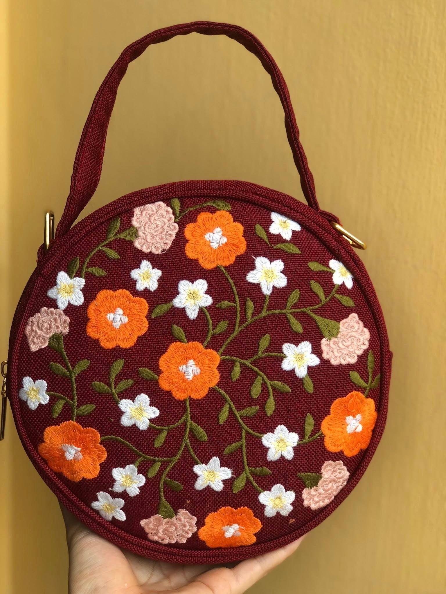 Round Floral Embroidered Bag, Handmade Boho Purse, Vintage Flower Handbag, Cottagecore Shoulder Bag, Gift for Her