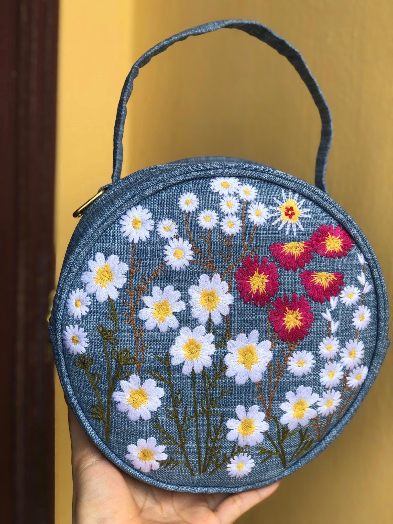 Round Floral Embroidered Bag, Handmade Boho Purse, Vintage Flower Handbag, Cottagecore Shoulder Bag, Gift for Her