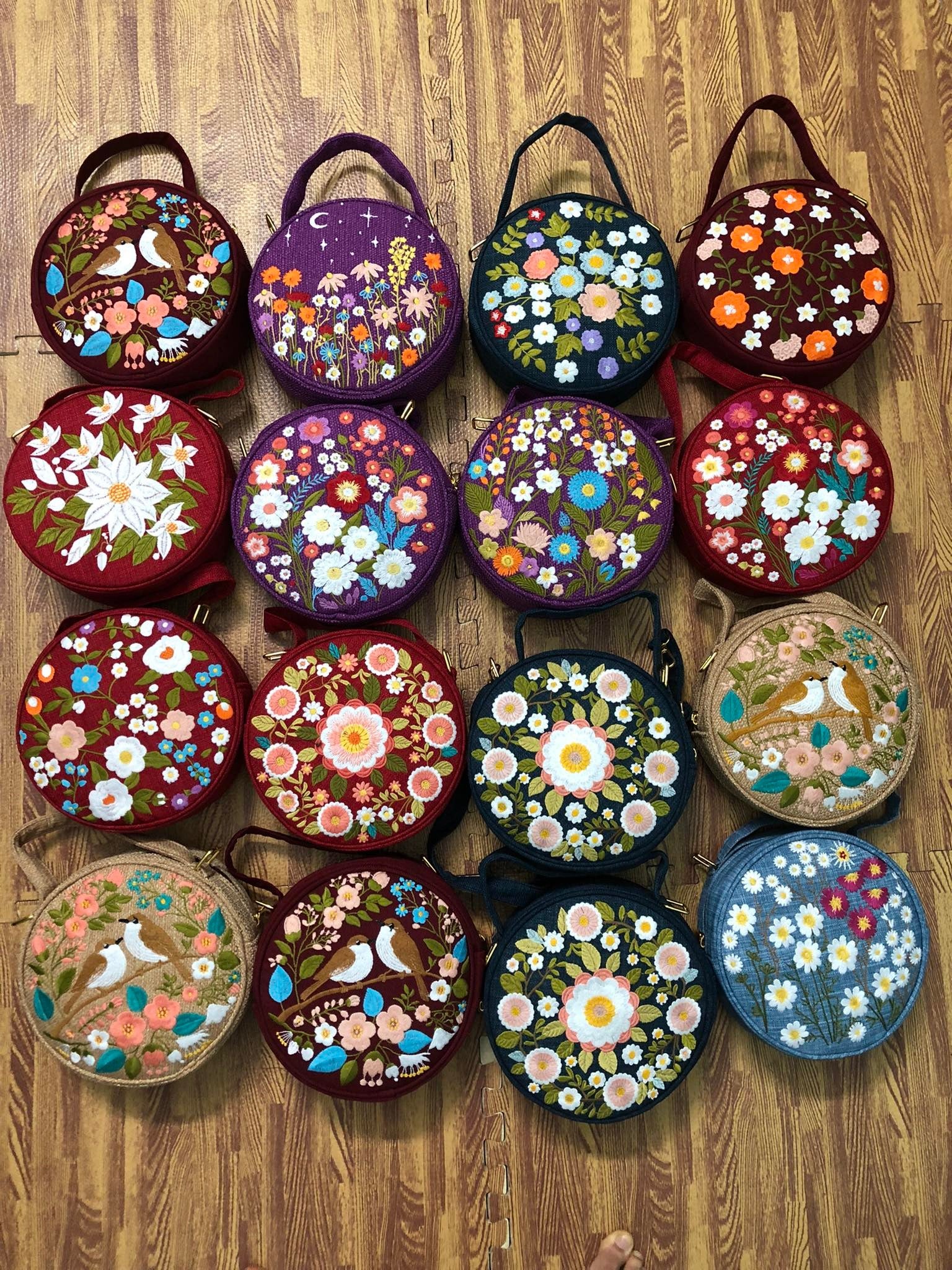 Round Floral Embroidered Bag, Handmade Boho Purse, Vintage Flower Handbag, Cottagecore Shoulder Bag, Gift for Her