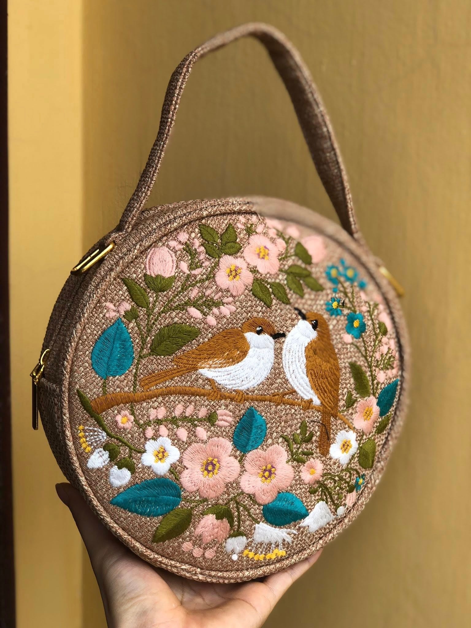 Round Floral Embroidered Bag, Handmade Boho Purse, Vintage Flower Handbag, Cottagecore Shoulder Bag, Gift for Her