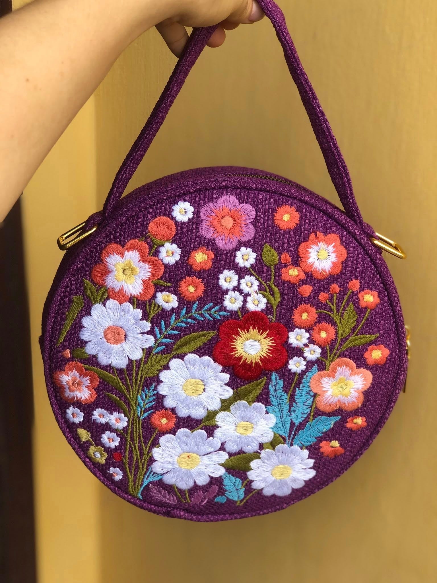 Round Floral Embroidered Bag, Handmade Boho Purse, Vintage Flower Handbag, Cottagecore Shoulder Bag, Gift for Her